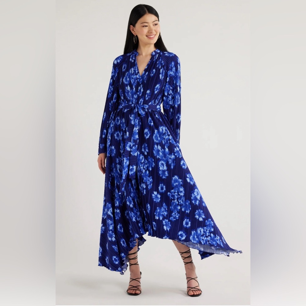 SCOOP Women’s Pleated Handkerchief Hem Dress Blue Floral Size:XL NWT